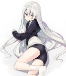  arm_support ass bangs blue_eyes expressionless eyebrows_visible_through_hair hair_between_eyes hood hoodie legs long_hair looking_at_viewer lying on_side original poco_(asahi_age) short_shorts shorts silver_hair socks solo very_long_hair white_background 