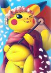  anthro anthrofied belly blush clothing clothing_lift costume dress dress_lift female headdress hi_res ikiki japanese_clothing kimono nintendo one_eye_closed petals pikachu pok&eacute;mon pok&eacute;mon_(species) pok&eacute;morph pussy slightly_chubby solo teasing tongue tongue_out umbrella video_games wink 