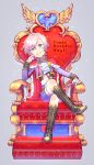  :p boots cape commentary_request cravat crossed_legs dated full_body gloves happy_birthday highres inugoya1058 male_focus mikado_nagi pink_hair purple_eyes shorts sitting smile solo sparkle throne tongue tongue_out uta_no_prince-sama white_gloves 