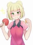  alternate_hairstyle ball blonde_hair blush collared_shirt double_bun green_eyes hands_up holding holding_paddle ko_to_tsuki lillie_(pokemon) looking_at_viewer paddle pink_shirt pokemon pokemon_(anime) pokemon_sm_(anime) raglan_sleeves shirt short_sleeves simple_background smile solo sportswear table_tennis_ball table_tennis_paddle tennis_uniform v-shaped_eyebrows w_arms white_background wing_collar 