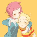  1girl blonde_hair blush bullying closed_eyes commentary_request flying_sweatdrops height_difference hood hood_down hoodie kumatora long_sleeves lucas mother_(game) mother_3 noogie pink_hair shifumame shirt short_hair simple_background smile smug striped striped_shirt t-shirt upper_body yellow_background 