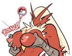  2018 avian bedroom_eyes big_breasts blaziken blue_eyes breast_grab breast_squeeze breasts chest_tuft claws digital_media_(artwork) female fur hair half-closed_eyes hand_on_breast holding_breast looking_at_viewer nintendo nipples nude open_mouth pok&eacute;ball pok&eacute;mon pok&eacute;mon_(species) presenting presenting_breasts red_fur seductive simple_background solo tuft video_games watatanza white_background white_hair yellow_sclera 