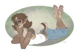  2016 anthro barefoot brown_hair canine clothing female hair jeans lying mammal pants pawpads sabretoothed_ermine shirt short_hair simple_background smile solo transformation were werewolf 