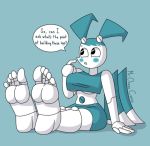  5_toes barefoot blue_background breasts english_text feet female foot_fetish foot_focus humanoid_feet jenny_wakeman machine mrchasecomix_(artist) my_life_as_a_teenage_robot nickelodeon robot simple_background soles text toes under_boob 