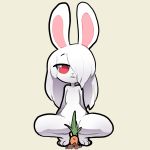  2018 3_toes anthro buckteeth carrot censored creative_censorship crouching digital_media_(artwork) featureless_chest female food frown fur hair hair_over_eye hi_res itsunknownanon lagomorph long_hair looking_down mammal nude pose rabbit red_eyes simple_background solo teasing teeth toes vegetable white_background white_fur white_hair 