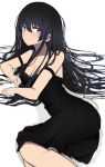  bangs bare_arms bare_shoulders black_dress black_hair blue_eyes blush breasts cleavage closed_mouth collarbone commentary_request dress eyebrows_visible_through_hair hair_between_eyes hinomaru_(futagun) long_hair lying medium_breasts on_side original pleated_dress sleeveless sleeveless_dress solo very_long_hair white_background 