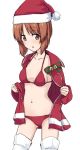  bangs bell bikini boots breasts brown_eyes brown_hair christmas coat commentary_request cowboy_shot eyebrows_visible_through_hair girls_und_panzer hat jingle_bell long_sleeves looking_at_viewer medium_breasts monolith_(suibou_souko) navel nishizumi_miho open_clothes open_coat parted_lips red_bikini red_coat red_hat santa_costume santa_hat short_hair simple_background solo standing swimsuit thigh_boots thighhighs undressing white_background white_footwear 