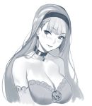  absurdres bangs blush breasts choker cleavage copyright_request deras eyebrows_visible_through_hair flower greyscale hairband highres large_breasts looking_at_viewer monochrome parted_lips rose simple_background sketch smile solo upper_body white_background 