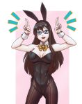  absurdres alternate_costume animal_ears ass_visible_through_thighs black_hair black_legwear black_leotard blue_eyes bow bowtie breasts bunny_ears bunny_pose bunny_tail bunnysuit cowboy_shot detached_collar fake_animal_ears glasses hairband highres kantai_collection leebigtree leotard lips long_hair medium_breasts ooyodo_(kantai_collection) pantyhose pink_background red-framed_eyewear solo strapless strapless_leotard tail two-tone_background white_background wrist_cuffs yellow_neckwear 