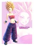  baggy_pants bandeau bare_shoulders black_footwear bracer breasts caulifla cleavage clenched_hands collarbone dragon_ball dragon_ball_super eply full_body green_eyes grin medium_breasts midriff navel pants smile solo spiked_hair super_saiyan tsurime 