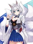  \m/ animal_ears azur_lane blue_eyes blue_nails breasts cleavage eyeliner fox_ears fox_tail japanese_clothes kaga_(azur_lane) kimono kirisato_itsuki large_breasts looking_at_viewer makeup multiple_tails nail_polish parted_lips pleated_skirt short_hair skirt smile solo tail white_hair 