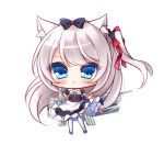  :&lt; absurdly_long_hair animal_ears apron azur_lane bare_shoulders big_head black_bow black_dress black_legwear blue_eyes blush bow cat_ears cat_hair_ornament chibi closed_mouth commentary_request detached_sleeves dress frilled_dress frills full_body hair_bow hair_ornament hair_ribbon hammann_(azur_lane) hand_on_hip long_hair one_side_up outstretched_arm puffy_short_sleeves puffy_sleeves red_ribbon remodel_(azur_lane) ribbon ryuuka_sane short_sleeves silver_hair simple_background solo standing strapless strapless_dress thighhighs very_long_hair waist_apron white_apron white_background 