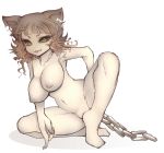  1girl :3 animal_ears areolae breasts brown_hair cat_ears chains fang female full_body large_breasts messy_hair nipples noise nude original simple_background sitting solo white_background yellow_eyes 
