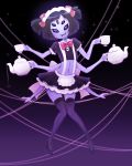  1girl apron bow extra_arms extra_eyes fangs high_heels maid maid_headdress maid_outfit maid_uniform muffet pastelletta purple_skin ribbon skirt spider_girl tea teapot thighhighs twintails undertale 