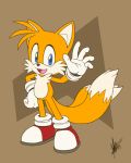  anthro blue_eyes canine clothing footwear fox fur gloves male mammal miles_prower multicolored_tail open_mouth shockrabbit shoes signature smile solo sonic_(series) video_games white_fur yellow_fur 