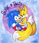  anthro black_nose canine clothing dipstick_tail duo english_text eyes_closed footwear fox fur gloves green_eyes hedgehog hug male mammal miles_prower multicolored_tail signature smile sonic_(series) sonic_the_hedgehog text video_games white_fur yellow_fur zoomswish 