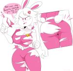  2018 5_fingers angry anthro blush breasts butt cleavage clothed clothing dialogue digital_media_(artwork) english_text female fur gloves hair hi_res jinu lagomorph looking_at_viewer mammal nipple_slip nipples one_piece_suit pink_eyes pinku_(miscon) pose rabbit rabbit_tail rear_view short_hair simple_background solo standing text wardrobe_malfunction weapon white_background white_fur white_hair 