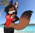  beach black_hair brown_fur canine clothing ear_tuft female female_bulge female_hips fox fur green_eyes hair honesty_(artist) lifeguard looking_at_viewer mammal one_eye_closed seaside solo spandex swimsuit teasing thick_thighs tight_clothing tuft wink 