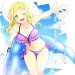  ;d azuma_(no488888) bikini blonde_hair braid breasts cleavage crown_braid dated frilled_bikini frills happy_birthday hat heart inflatable_dolphin inflatable_toy long_hair looking_at_viewer love_live! love_live!_sunshine!! low_twintails medium_breasts navel ohara_mari one_eye_closed open_mouth purple_bikini side-tie_bikini smile solo splashing sun_hat swimsuit thigh_gap twintails v-shaped_eyebrows yellow_eyes 