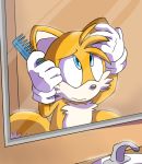  anthro aperture-styles canine clothing fox gloves male mammal miles_prower mirror solo sonic_(series) video_games 