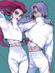  1girl akame_(chokydaum) blue_eyes earrings green_eyes highres jewelry kojirou_(pokemon) lipstick makeup midriff musashi_(pokemon) pokemon pokemon_(anime) team_rocket turtleneck 