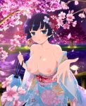  cherry_blossoms highres japanese_clothes kimono night night_sky nipples nude_filter official_art senran_kagura sky solo third-party_edit yaegashi_nan yozakura_(senran_kagura) yukata 
