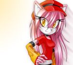  amaranth-pink ann-jey cat feline female hat looking_at_viewer mammal pink_body smile solo yellow_eyes 