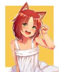  :d animal_ears arm_up bangs bare_arms bare_shoulders blush dog_ears dress eyebrows_visible_through_hair looking_at_viewer open_mouth original parted_bangs paw_pose red_hair satsuki_neko short_hair simple_background smile solo sundress upper_body white_dress yellow_background 