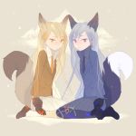  animal_ears black_footwear black_gloves black_neckwear blonde_hair blush bow bowtie commentary copyright_name curled_tail extra_ears eyebrows_visible_through_hair ezo_red_fox_(kemono_friends) formal gloves grey_hair hand_on_own_leg kemono_friends long_hair looking_at_viewer minim_(nnininn) multiple_girls necktie pantyhose red_eyes seiza silver_fox_(kemono_friends) simple_background sitting skirt suit tail yellow_eyes yellow_neckwear 