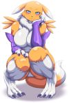 2018 3_fingers 3_toes 68 animated animated_png anthro armwear blue_eyes blush breasts canine clothing crouching digimon featureless_breasts female front_view looking_at_viewer loop mammal nude renamon simple_background smile solo toes white_background 