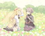  ange_(princess_principal) blonde_hair blue_eyes blush braid closed_eyes field flower flower_field full_body gloves grey_hair hair_ornament head_wreath highres multiple_girls normaland pleated_skirt princess_(princess_principal) princess_principal school_uniform seiza sitting skirt smile 