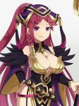  bare_shoulders belt braid breasts cleavage commentary_request detached_collar detached_sleeves dress earrings feather_trim fire_emblem fire_emblem_heroes hair_ornament hat headdress jewelry large_breasts lips lipstick loki_(fire_emblem_heroes) long_hair makeup pelvic_curtain purple_dress purple_eyes purple_hair shira_yu_ki simple_background smile staff wide_sleeves 