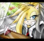  ann-jey blue_eyes bored cafe clothing ear_piercing female gitz_the_hedgehog hedgehog looking_at_viewer mammal necktie piercing shirt solo table yellow_body 