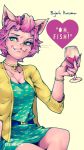  alcohol beverage bojack_horseman bracelet cat clothed clothing feline female hair jewelry long_nails mammal necklace pink_hair princess_carolyn ring simple_background smile solo stevens&quot;8&quot;_(artist) white_background wine 