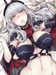  areola_slip areolae blush breasts carmilla_(fate/grand_order) cravat detached_sleeves fang fate/grand_order fate_(series) fingernails fue_(rhomphair) highres horns large_breasts long_fingernails long_hair looking_at_viewer lying navel nose_blush on_back open_mouth out-of-frame_censoring signature silver_hair solo_focus sweatdrop wide_sleeves yellow_eyes 