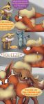  3_toes ? all_fours allbadbadgers black_nose blue_eyes blue_fur brown_fur brown_nose butt butt_grab chest_tuft comic dialogue dipstick_tail eevee eeveelution english_text feral flareon fur hand_on_butt jolteon long_ears long_tail looking_back markings multicolored_tail nintendo one_ear_down one_leg_up open_mouth pok&eacute;mon pok&eacute;mon_(species) red_fur size_difference snout socks_(marking) surprise tan_fur text toes tongue tuft video_games wide_eyed yellow_fur 