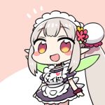  :d apron black_choker black_dress blush_stickers chan_co chibi choker commentary_request dress elu_(nijisanji) eyebrows_visible_through_hair fairy fairy_wings flower green_wings grey_hair hair_flower hair_ornament i_heart... long_hair maid maid_apron maid_headdress nijisanji open_mouth pink_background pointy_ears puffy_short_sleeves puffy_sleeves purple_scrunchie red_eyes scrunchie short_sleeves smile solo standing translated twintails two-tone_background very_long_hair virtual_youtuber wings wrist_scrunchie 
