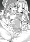  2girls assisted_exposure blush elf greyscale isekai_maou_to_shoukan_shoujo_dorei_majutsu monochrome multiple_girls novel_illustration official_art panties pussy_juice shera_l_greenwood smile spread_legs tagme tsurusaki_takahiro 