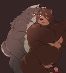  2019 anal anthro belly blue_eyes blush brown_fur canine duo erection fur jumperbear male male/male mammal moobs nipples overweight overweight_male penis sex simple_background ursine wolf 
