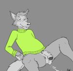  after_masturbation age_difference anthro balls bottomless canine clothed clothing cum daveyote eyewear fur glasses humanoid_penis male mammal older_male penis simple_background smile solo uncut vein veiny_penis wolf 