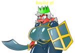  alpha_channel anthro armor big_breasts blue_eyes breast_plate breastplate breasts claws clothing crown cuteenglish_text helmet lizard melee_weapon nails nipples open_mouth red_knight_(sirphilliam) reptile scalie scimitar shield solo sword text thong turismoturbo weapon 