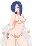  :d bikini blue_eyes blue_hair blush breasts cameltoe groin hair_over_one_eye highres himoo_yuina medium_breasts micro_bikini navel open_mouth short_hair side-tie_bikini smile standing swimsuit taka_(copyrobot) tokimeki_memorial tokimeki_memorial_1 white_background white_bikini 