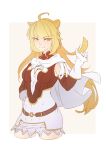  3four ahoge animal_ears belt blonde_hair breasts capelet closed_mouth commission contrapposto copyright_request cropped_legs dress eyebrows_visible_through_hair gloves hand_on_hip hand_up long_hair looking_at_viewer medium_breasts short_dress simple_background slit_pupils smile solo standing white_background white_capelet white_gloves yellow_eyes 