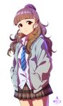  artist_name brown_hair expressionless hair_bun hands_in_pockets highres hood hoodie idolmaster idolmaster_cinderella_girls infinote kamiya_nao long_hair necktie red_eyes shirt skirt solo thick_eyebrows wavy_hair white_background white_shirt 