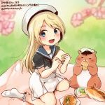  :d animal blonde_hair blue_eyes blue_sailor_collar bread colored_pencil_(medium) dated dress food hamster hat holding holding_food jervis_(kantai_collection) kantai_collection kirisawa_juuzou long_hair non-human_admiral_(kantai_collection) numbered open_mouth sailor_collar sailor_dress short_sleeves smile traditional_media twitter_username white_hat 
