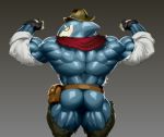  anthro back_muscles belt big_muscles blush butt clothing fish indy_jaws kuroma looking_at_viewer looking_back male marine muscular muscular_male pose scarf shark shiny sweat veiny_muscles video_games yo-kai_watch 
