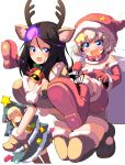  :d animal_costume animal_ears antlers bangs bell black_hair blonde_hair blue_eyes boots breasts brown_footwear brown_shirt brown_shorts candy candy_cane carrying christmas_ornaments christmas_tree christmas_tree_costume clara_(girls_und_panzer) cleavage commentary_request crop_top detached_sleeves dress eyebrows_visible_through_hair fang food foreshortening fur_collar garland_(decoration) girls_und_panzer gloves hat highres holly jingle_bell katyusha kneeling large_breasts long_hair looking_at_viewer midriff multiple_girls nonna open_mouth piggyback red_collar red_dress red_footwear red_gloves red_hat red_mittens reindeer_antlers reindeer_costume reindeer_ears santa_costume santa_hat shirt short_hair short_shorts short_sleeves shorts smile snowflake_print standing strapless strapless_dress sw swept_bangs thigh_boots thighhighs white_background 