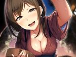  aoi_chizuru bangs blurry blurry_background blush breasts brown_eyes brown_hair brown_kimono bucket cleavage collarbone commentary_request eyebrows_visible_through_hair japanese_clothes kimono large_breasts looking_at_viewer low_twintails open_mouth original outdoors sash short_sleeves smile solo twintails 