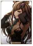  :q animal_ears armpits artist_name black_gloves breasts brown_eyes brown_hair card_(medium) character_name cleavage collarbone elbow_gloves frilled_gloves frills gloves granblue_fantasy hair_ornament hands_in_hair highres long_hair medium_breasts mephist-pheles metera_(granblue_fantasy) mole mole_under_mouth page_number sideboob solo strapless tongue tongue_out upper_body very_long_hair white_background 