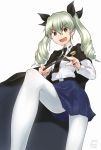  :d anchovy anzio_(emblem) anzio_school_uniform artist_name bangs belt black_belt black_cape black_neckwear black_ribbon black_skirt cape commentary dated dress_shirt drill_hair emblem foreshortening girls_und_panzer green_hair hair_ribbon holding kasai_jushi leg_up long_hair long_sleeves looking_at_viewer miniskirt necktie open_mouth pantyhose pleated_skirt red_eyes ribbon riding_crop school_uniform shirt simple_background skirt smile solo standing standing_on_one_leg twin_drills twintails v-shaped_eyebrows white_background white_legwear white_shirt wing_collar 